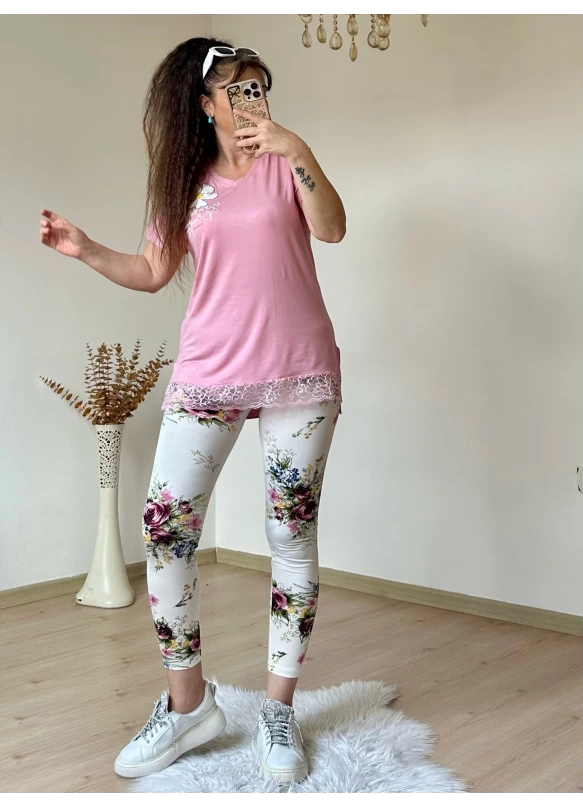 Dantel Detaylı Çiçekli Tayt Takım