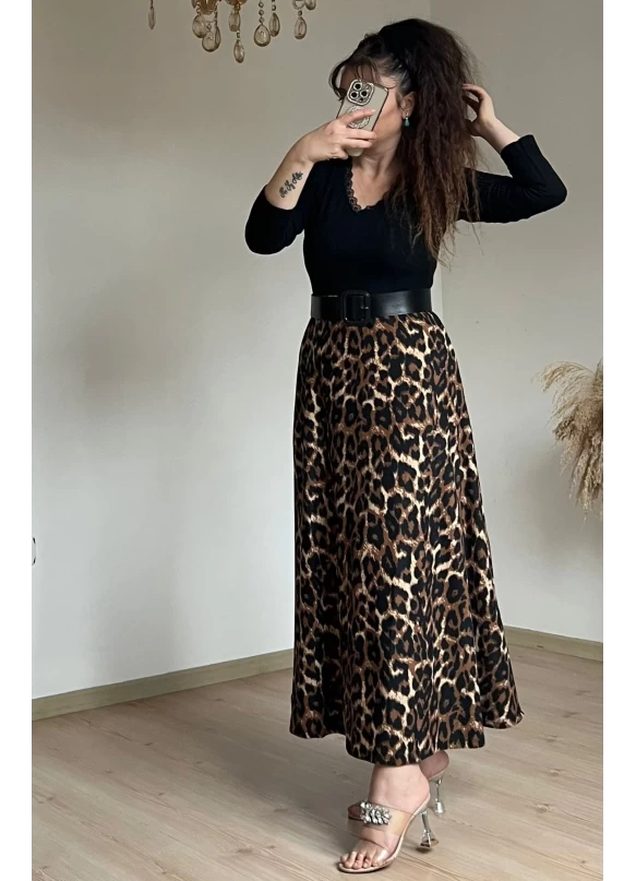 Deri Kemerli leopar Süet Elbise