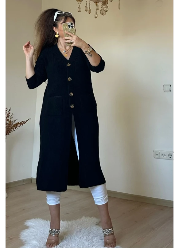 Düğmeli Uzun Hırka Siyah