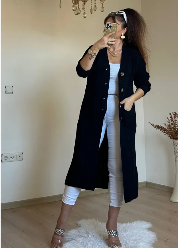 Düğmeli Uzun Hırka Siyah