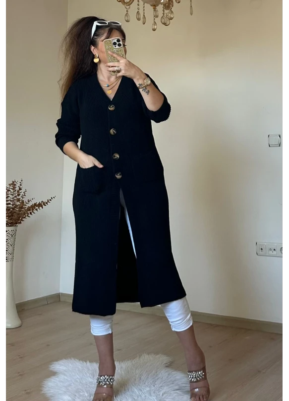 Düğmeli Uzun Hırka Siyah