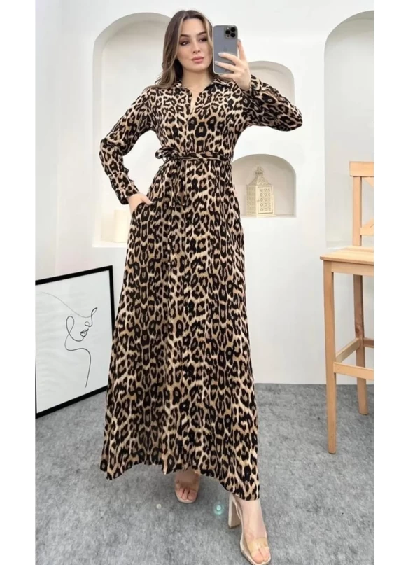 Leopar Cepli Gömlek Elbise