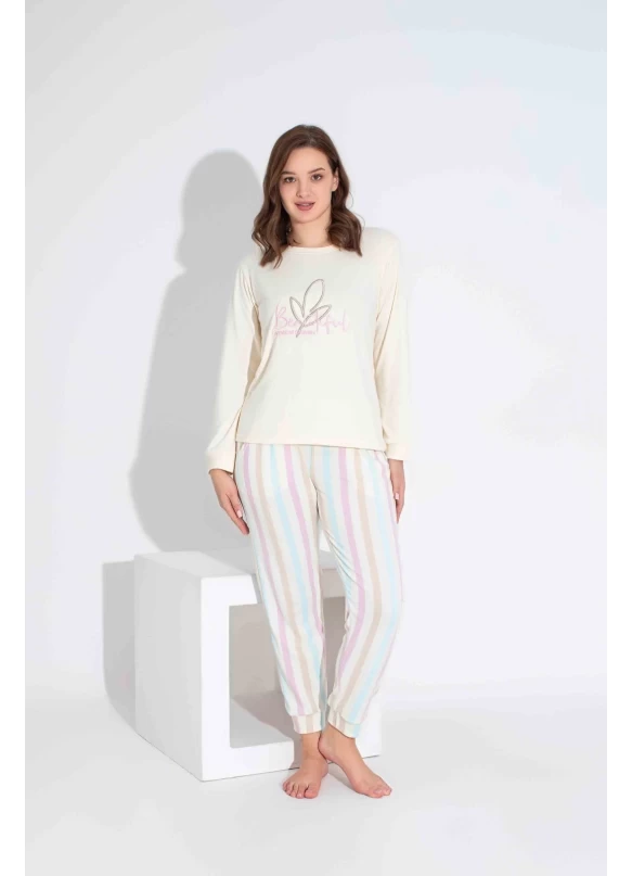 Ekru Çizgi Desen Anne Pijama Takımı