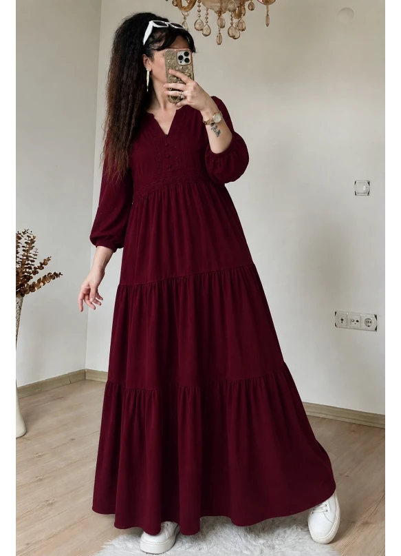 Eteği Fırfırlı Dantel Şerit Detaylı Elbise Bordo