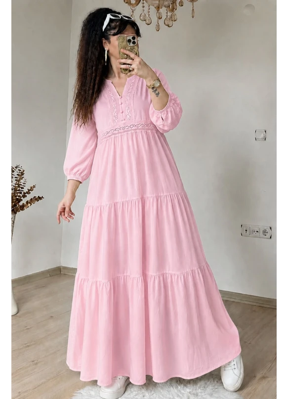 Eteği Fırfırlı Dantel Şerit Detaylı Elbise Pembe
