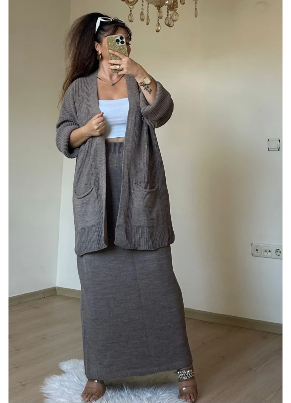 Etek Hırka Trıko Takım Kahve