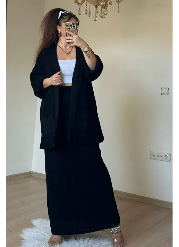 Etek Hırka Trıko Takım Sıyah