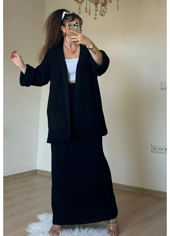 Etek Hırka Trıko Takım Sıyah