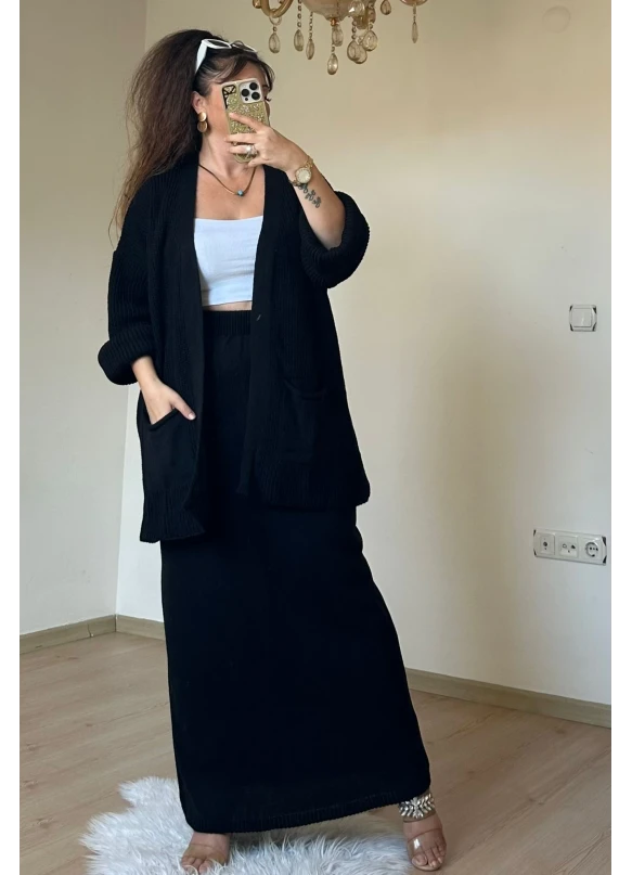 Etek Hırka Trıko Takım Sıyah