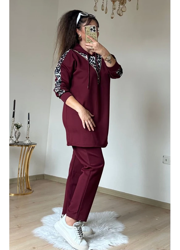 Fermuar Detaylı Leopar Takım Bordo