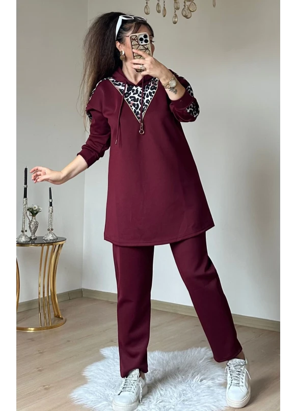 Fermuar Detaylı Leopar Takım Bordo