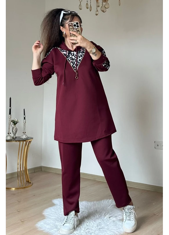 Fermuar Detaylı Leopar Takım Bordo