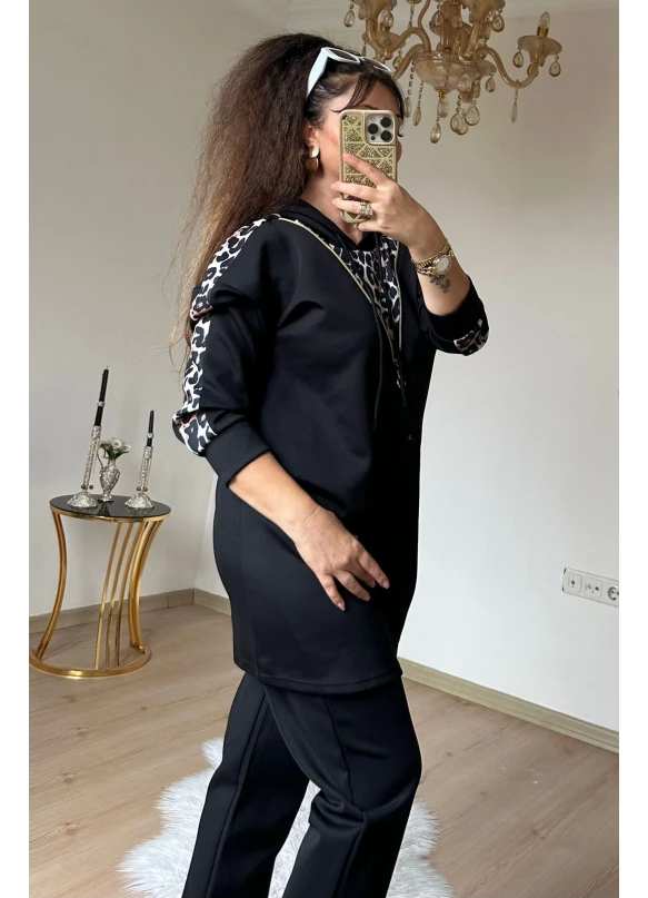 Fermuar Detaylı Leopar Takım Siyah