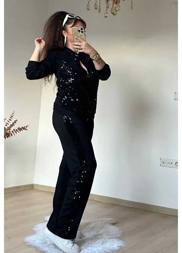 Fermuarlı Pul Payetli Takım Siyah