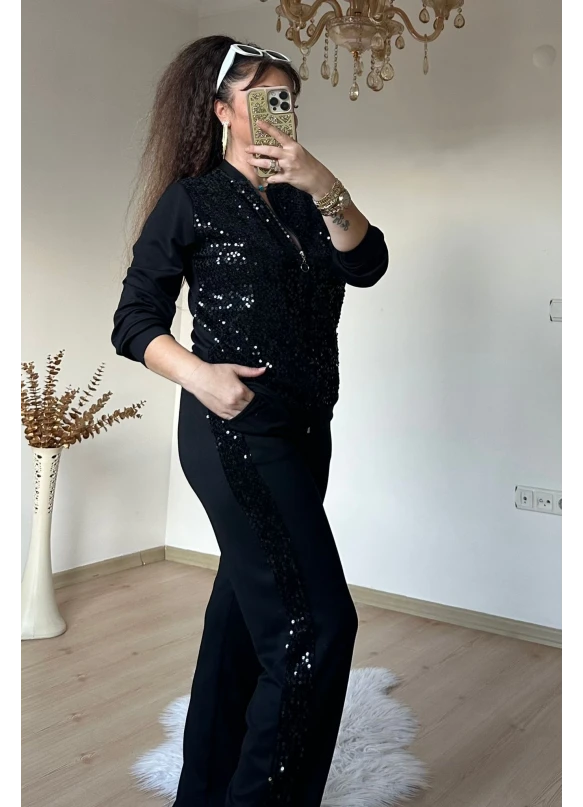 Fermuarlı Pul Payetli Takım Siyah