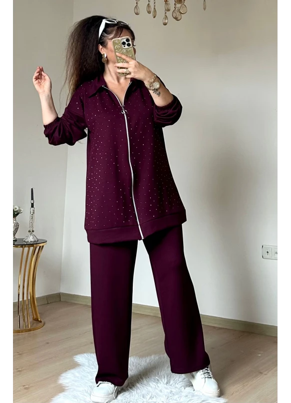 Fermuarlı Taşlı Takım Bordo Büyük Beden