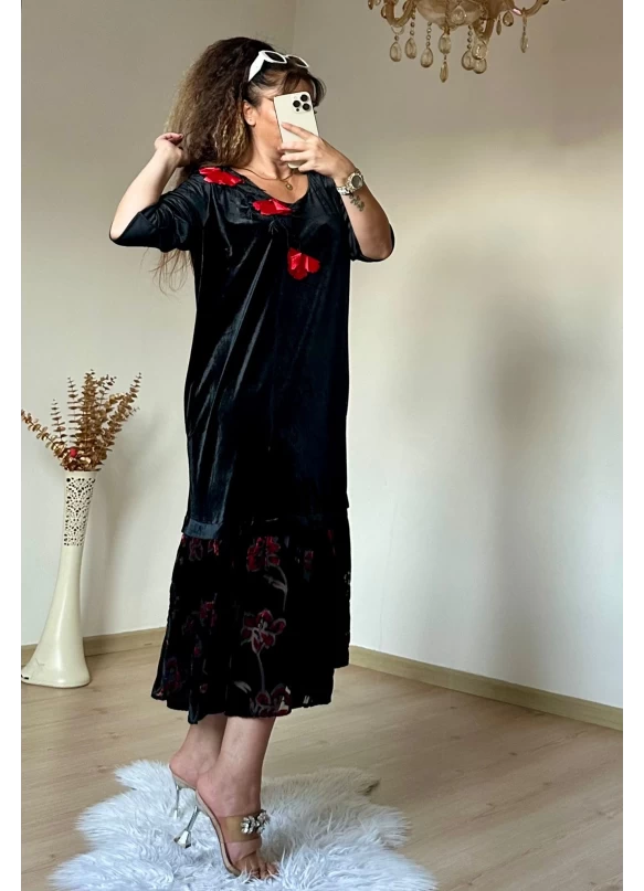 Gelincik İslemelı Kadife Elbise