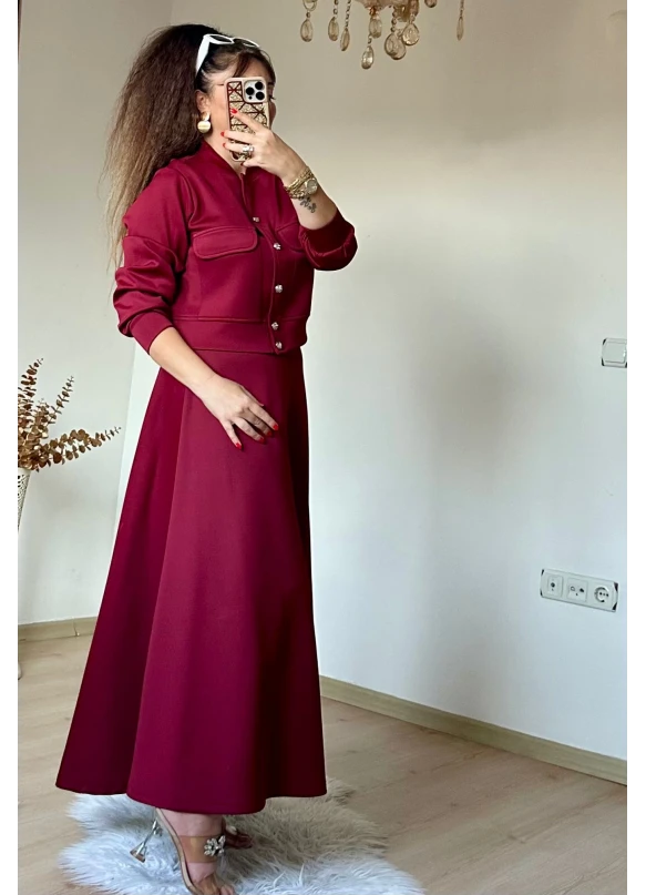 Gold Dugmelı Etek Bluz Takım Bordo