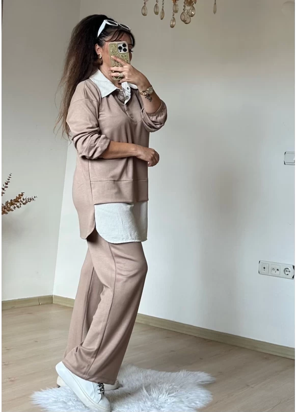 Gömlek Detaylı Takım Bej