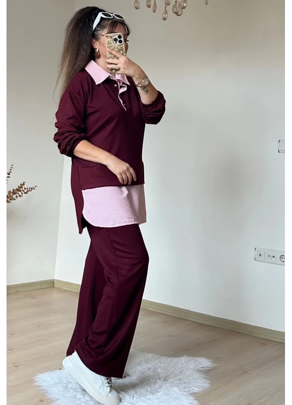 Gömlek Detaylı Takım Bordo
