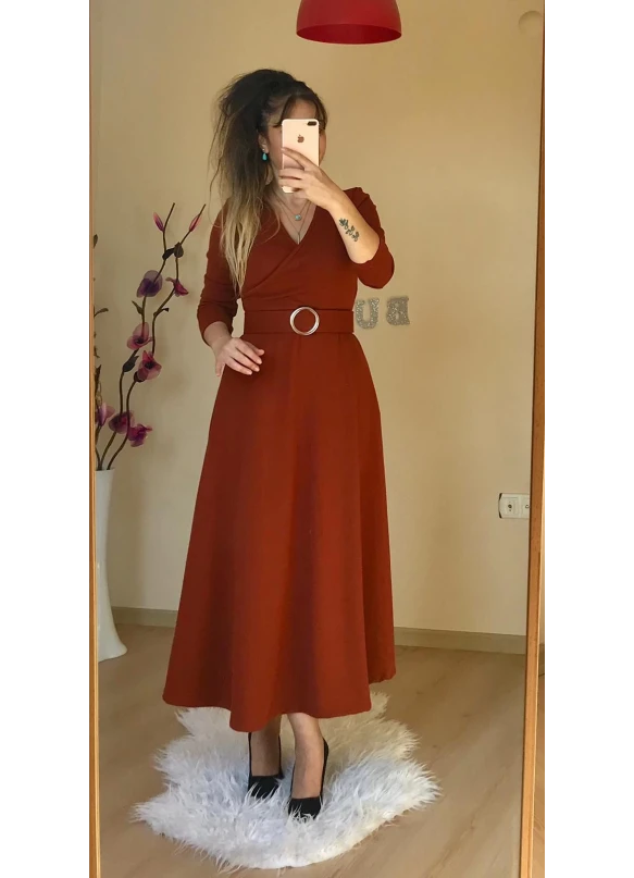 Halka Kemerli Triko Elbise - KAHVE