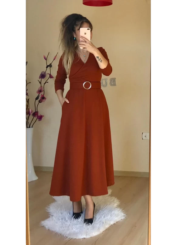 Halka Kemerli Triko Elbise - KAHVE