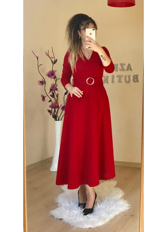 Halka Kemerli Triko Elbise - KIRMIZI