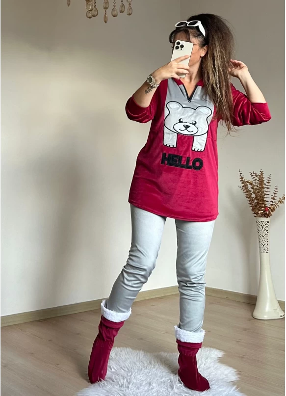 Hello Yazılı Kadife Takım Kırmızı