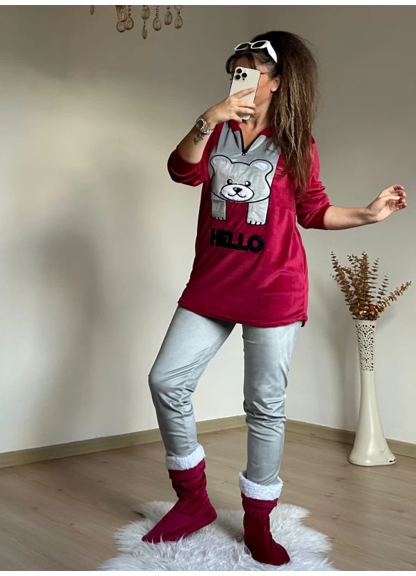 Hello Yazılı Kadife Takım Kırmızı