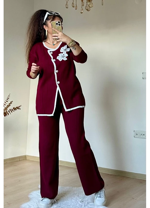 İnci Düğmeli Çiçekli Takım Bordo