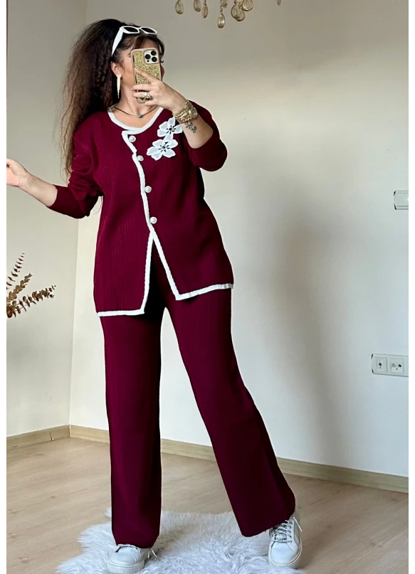 İnci Düğmeli Çiçekli Takım Bordo