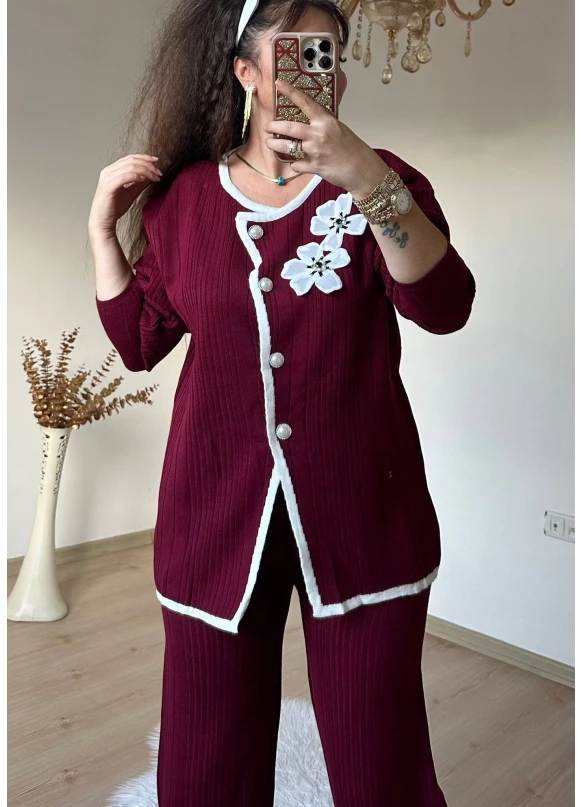 İnci Düğmeli Çiçekli Takım Bordo