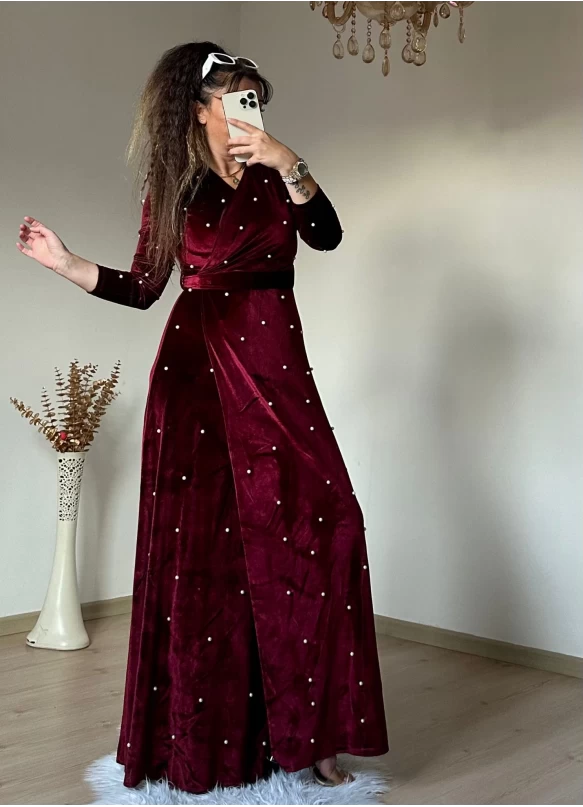 İncili Kadife Elbise - BORDO