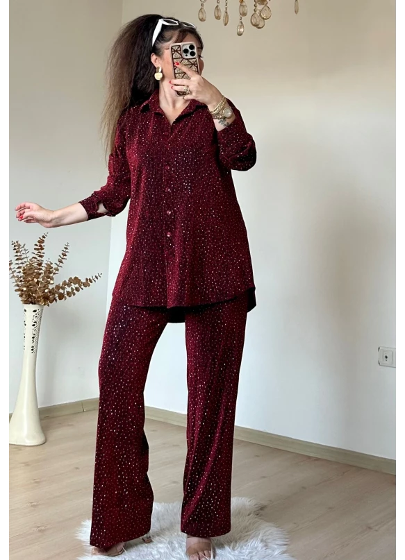 Işıltılı Gömlek Takım Bordo