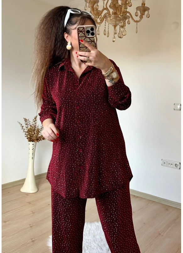 Işıltılı Gömlek Takım Bordo