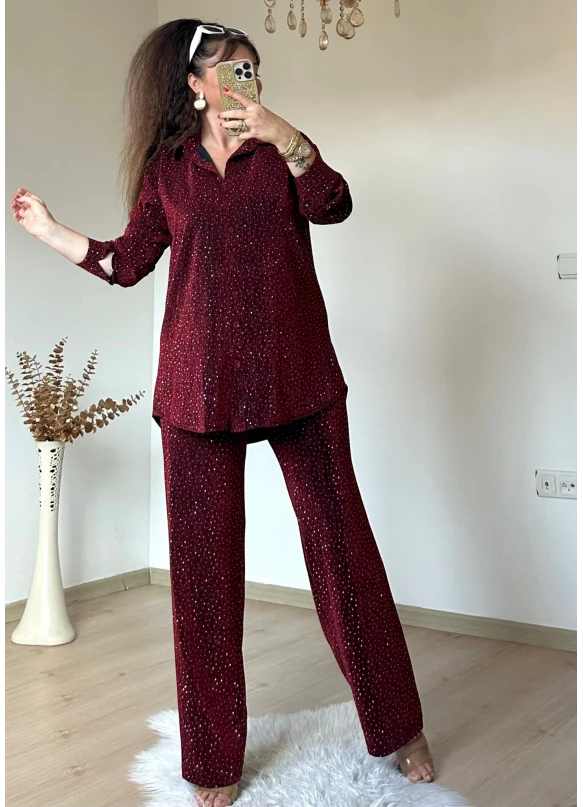 Işıltılı Gömlek Takım Bordo