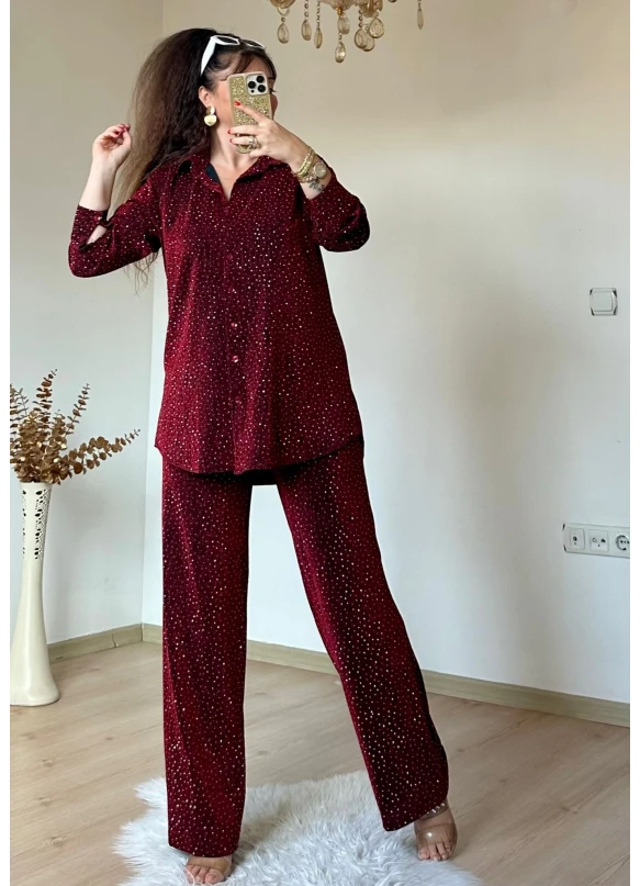 Işıltılı Gömlek Takım Bordo