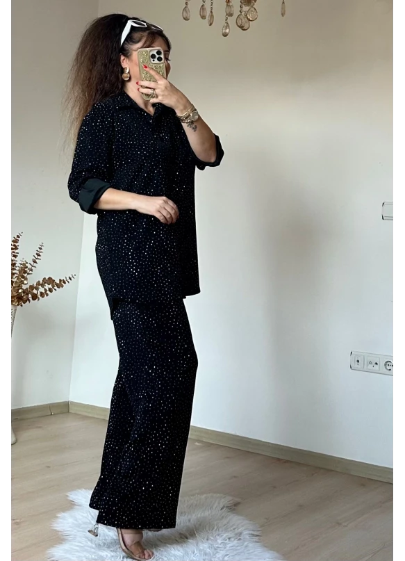 Işıltılı Gömlek Takım siyah