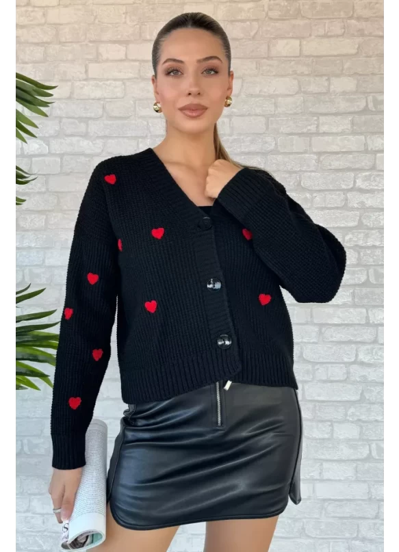 Kadın Kalp Nakışlı Triko Hırka