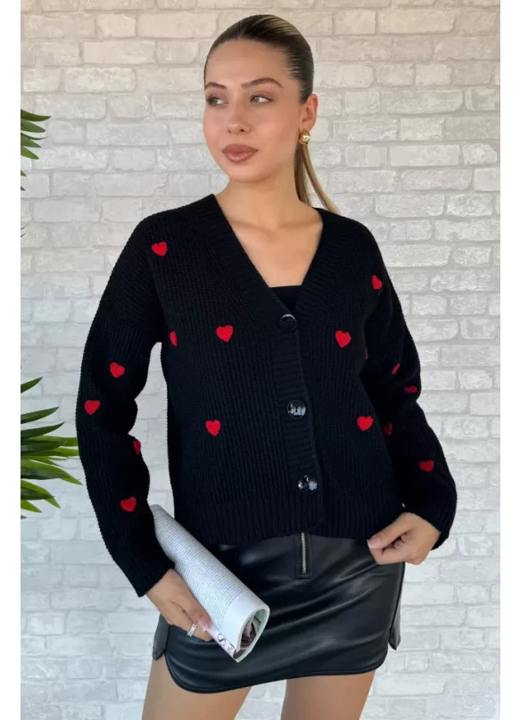 Kadın Kalp Nakışlı Triko Hırka