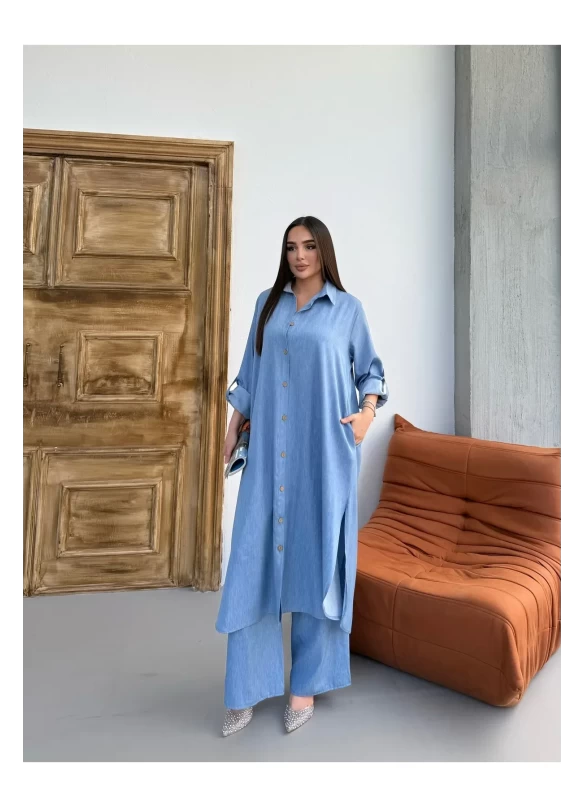 Kadın Uzun Gömlek Pantolon Alt Üst Takım