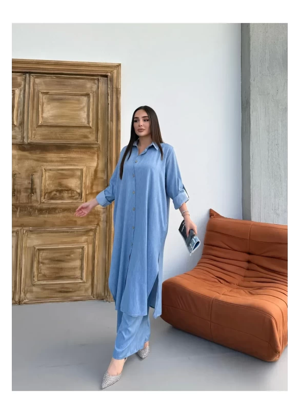 Kadın Uzun Gömlek Pantolon Alt Üst Takım