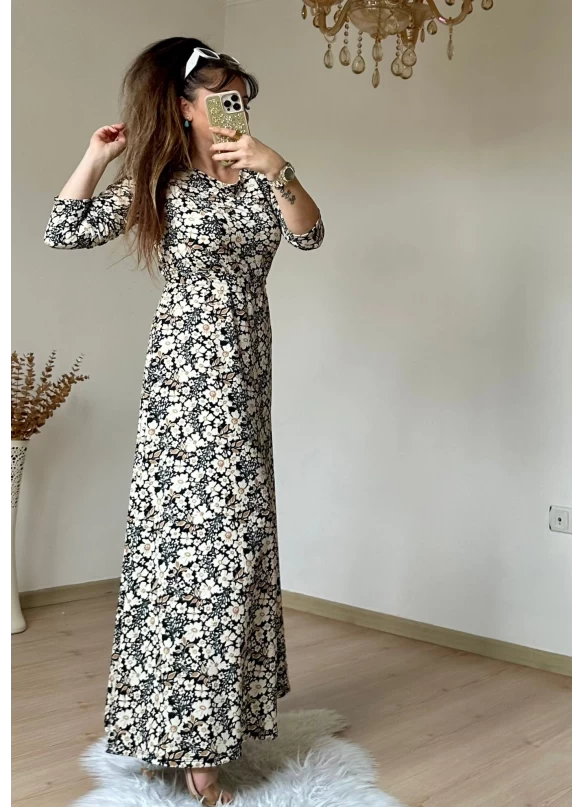 Kahve Çıtır Çıceklı Bürümcük Elbise