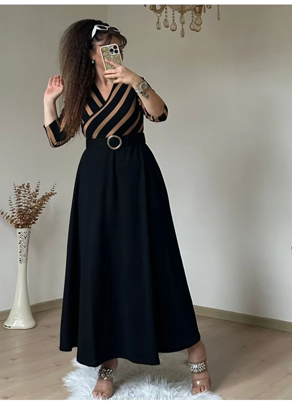 Kahve Cızgılı Halka Kemerlı Trıko Elbise