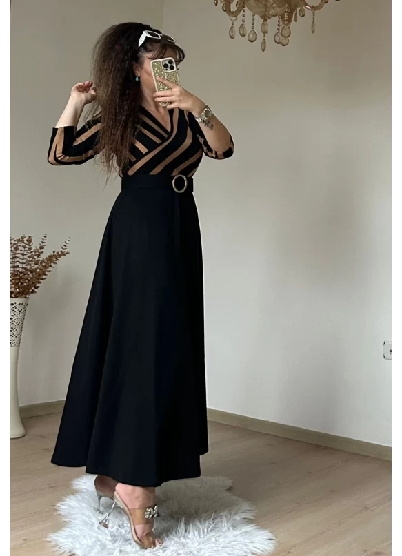 Kahve Cızgılı Halka Kemerlı Trıko Elbise