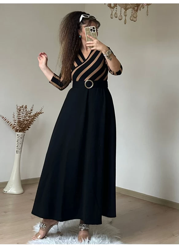 Kahve Cızgılı Halka Kemerlı Trıko Elbise