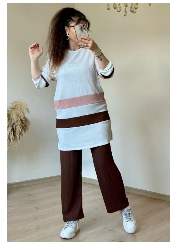 Kahve Pudra Şeritli Takım