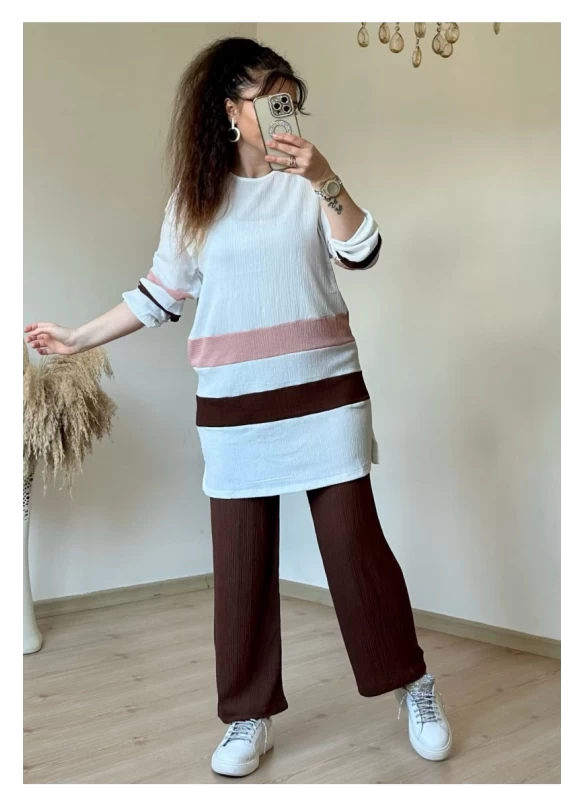Kahve Pudra Şeritli Takım