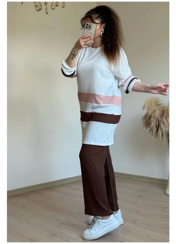Kahve Pudra Şeritli Takım
