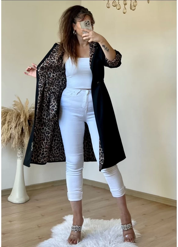 Kapüşonlu Leopar Trençkot Siyah